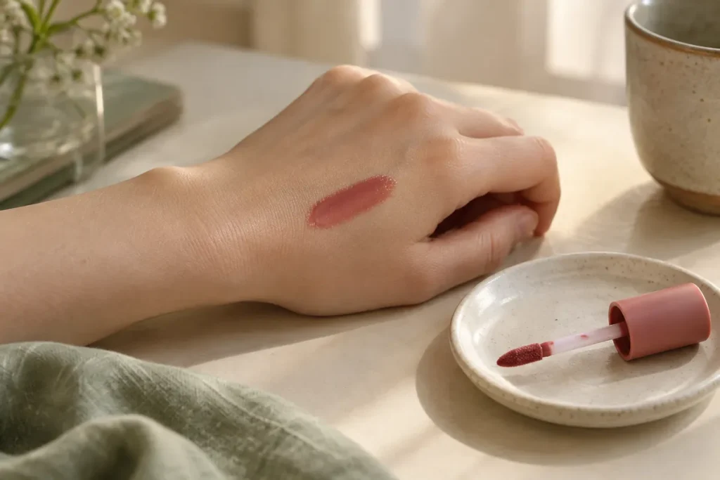 a fresh rose-colored cosmetic swipe on the back of a hand.