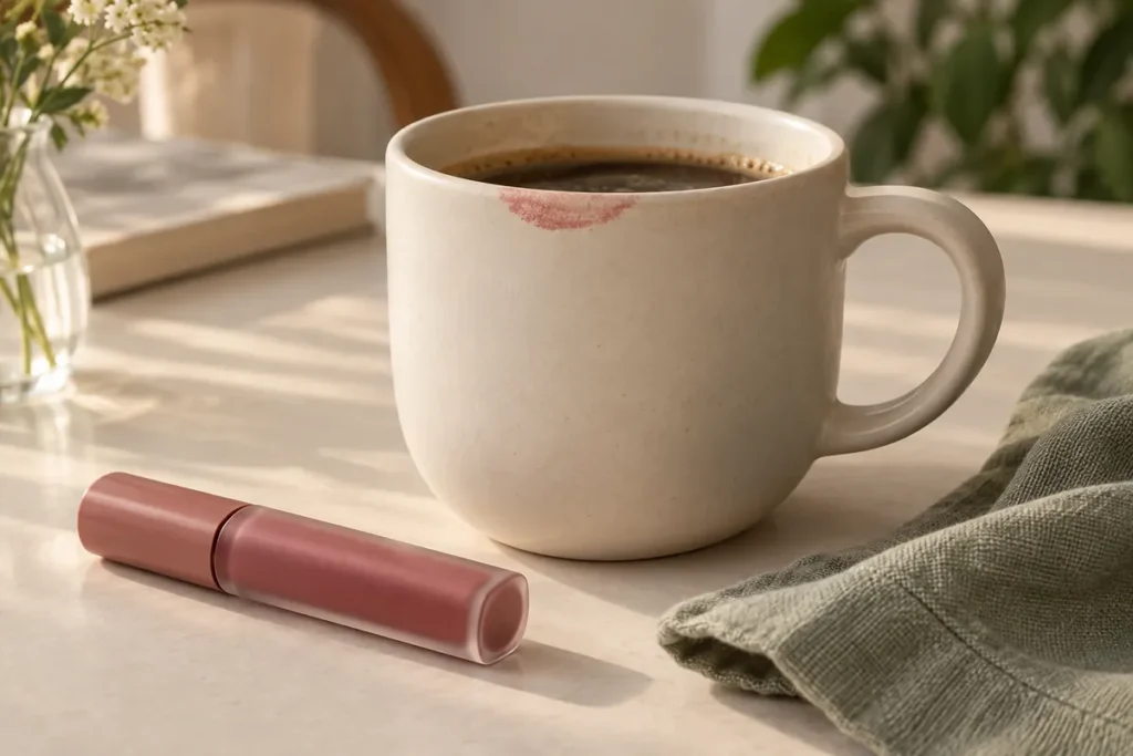 a subtle lip-color contact mark on the rim of a ceramic cup.