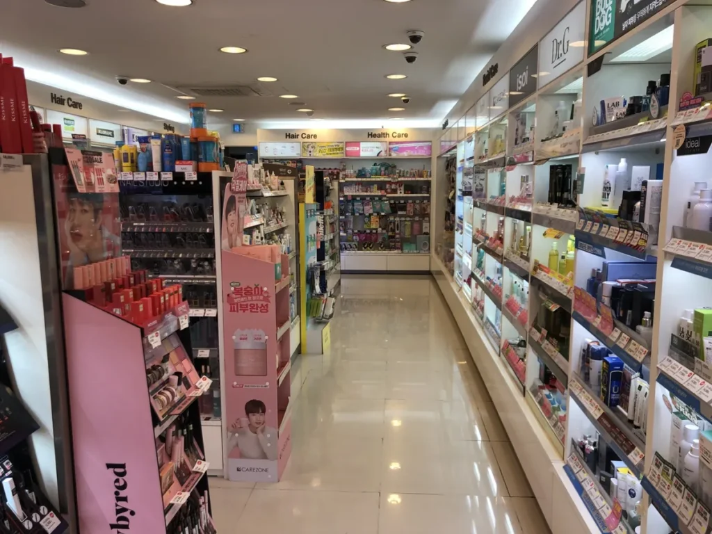 Cosmetics shelves inside an Olive Young store in Wonju, Korea.