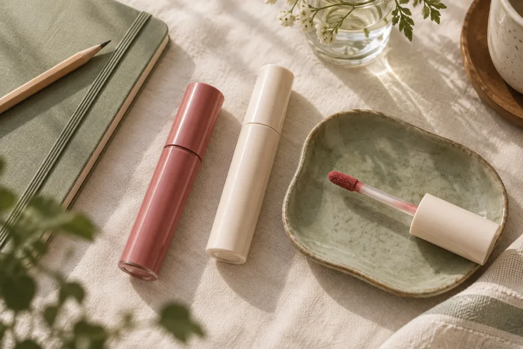 unbranded lip tints and an applicator on a ceramic tray.