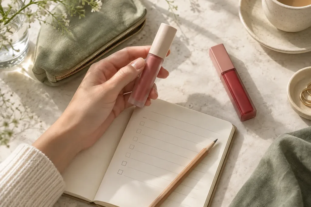 a hand comparing generic lip tints beside a blank checklist.