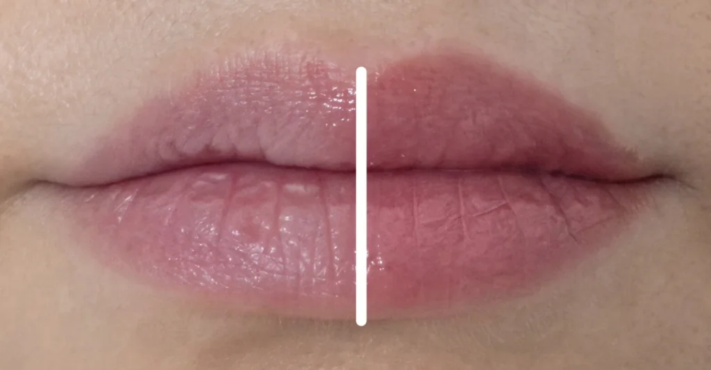 Close-up partial-lip comparison with a white dividing line and visible shine on one side.