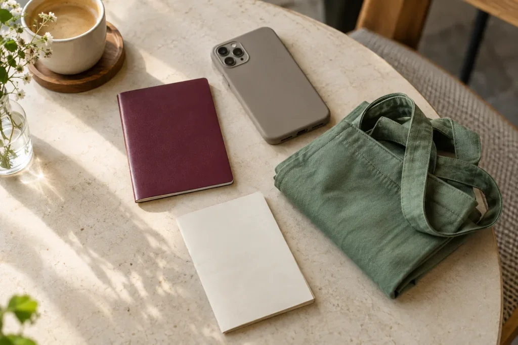 Illustration of a travel-document cover, phone and reusable shopping bag on a table.