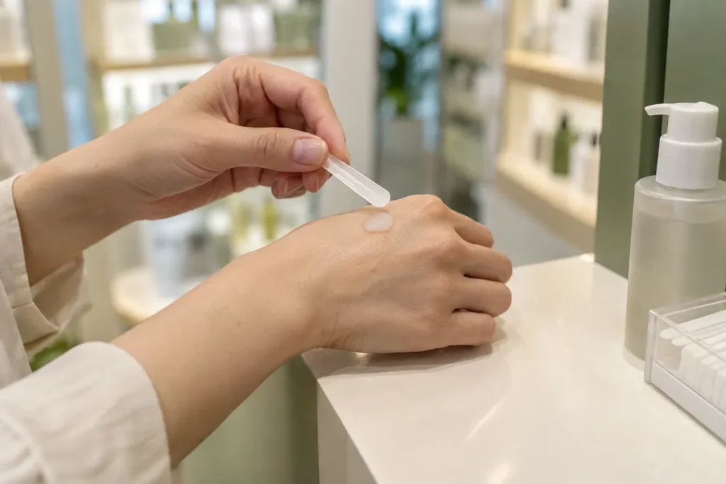 Illustration of a cosmetic sample being tried on the back of a hand with a disposable spatula.