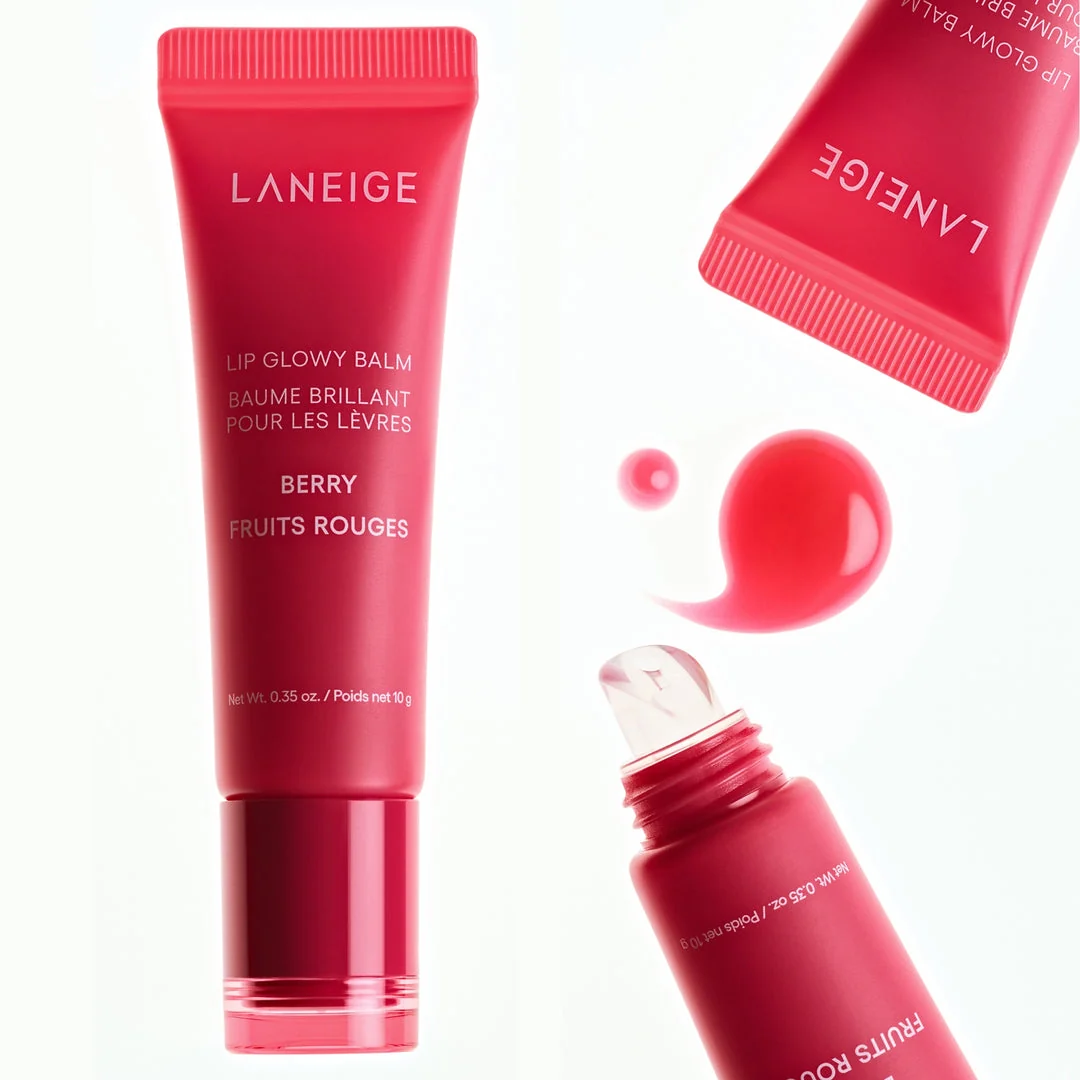 Berry Lip Glowy Balm tube, applicator tip and pink balm texture.