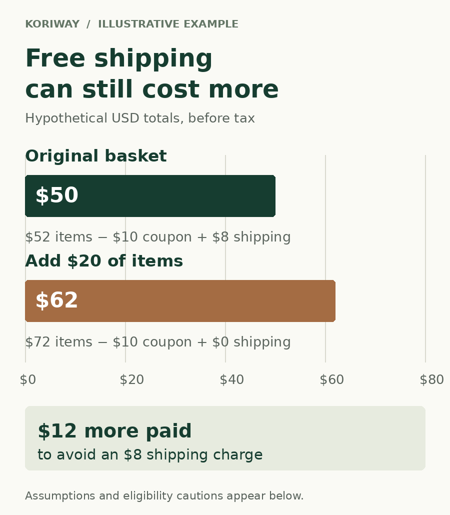 Illustrative before-tax basket comparison: 52 dollars of items minus a 10-dollar coupon plus 8 dollars shipping totals 50 dollars. Adding 20 dollars of items for free shipping totals 62 dollars, or 12 dollars more.