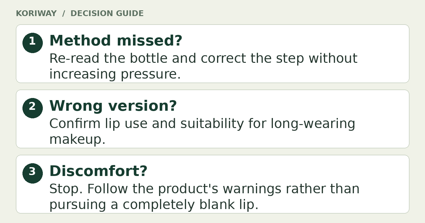 Checks before repeating a removal step. Method missed?: Re-read the bottle and correct the step without increasing pressure. Wrong version?: Confirm lip use and suitability for long-wearing makeup. Discomfort?: Stop. Follow the product's warnings rather than pursuing a completely blank lip.