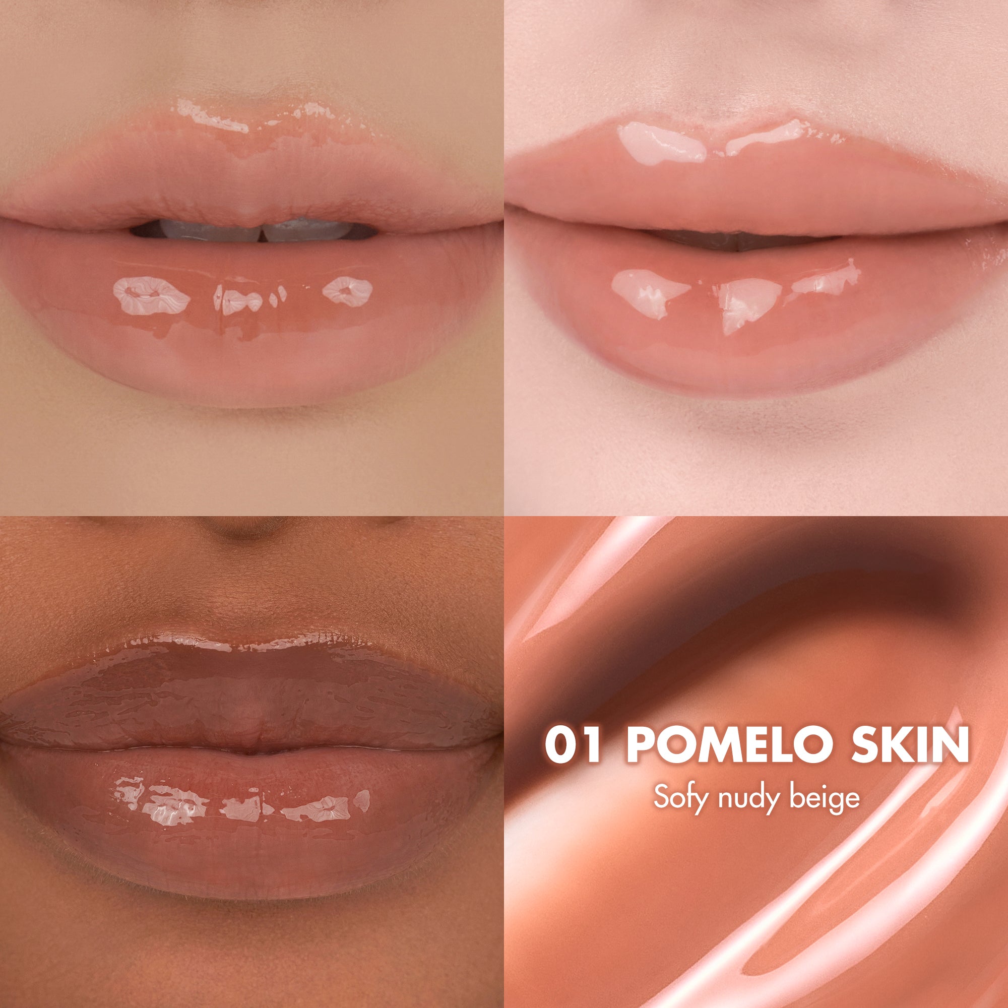 Official collage of The Juicy Lasting Tint 01 Pomelo Skin on three lip examples with different surrounding skin tones