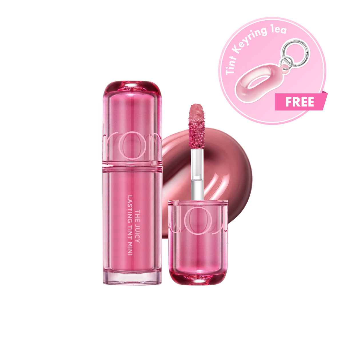 The Juicy Lasting Tint Mini with a promotional free-keyring badge in the official photograph