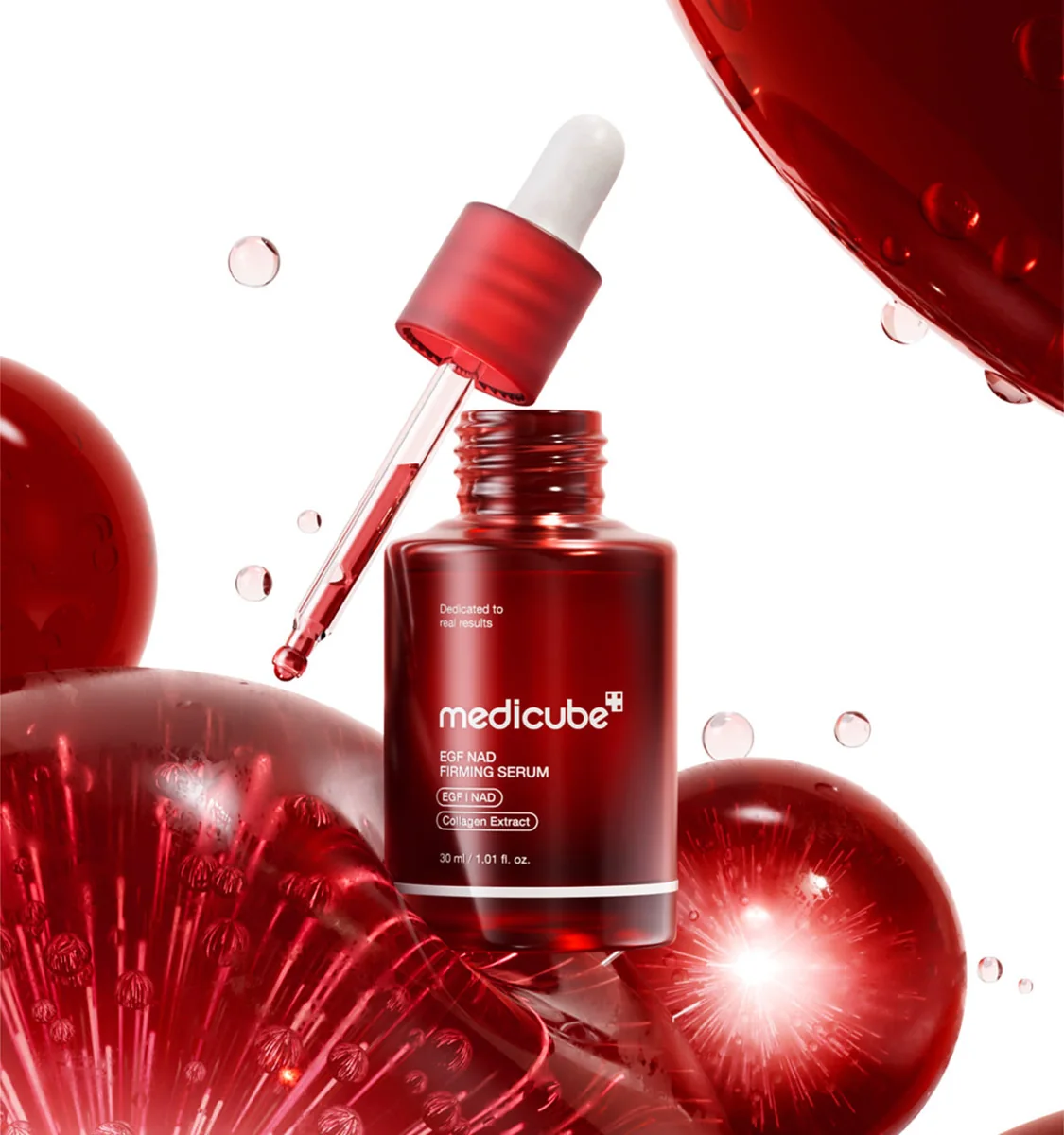 Medicube EGF NAD serum bottle with its dropper lifted out.