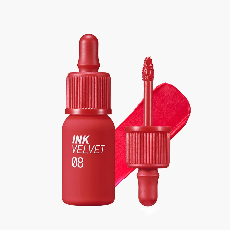 Ink Velvet 08 red bottle with the cap removed, showing the wand and applicator tip