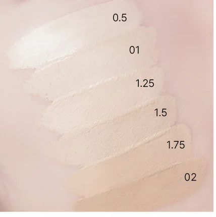 Official skin swatches labeled 0.5, 01, 1.25, 1.5, 1.75 and 02.